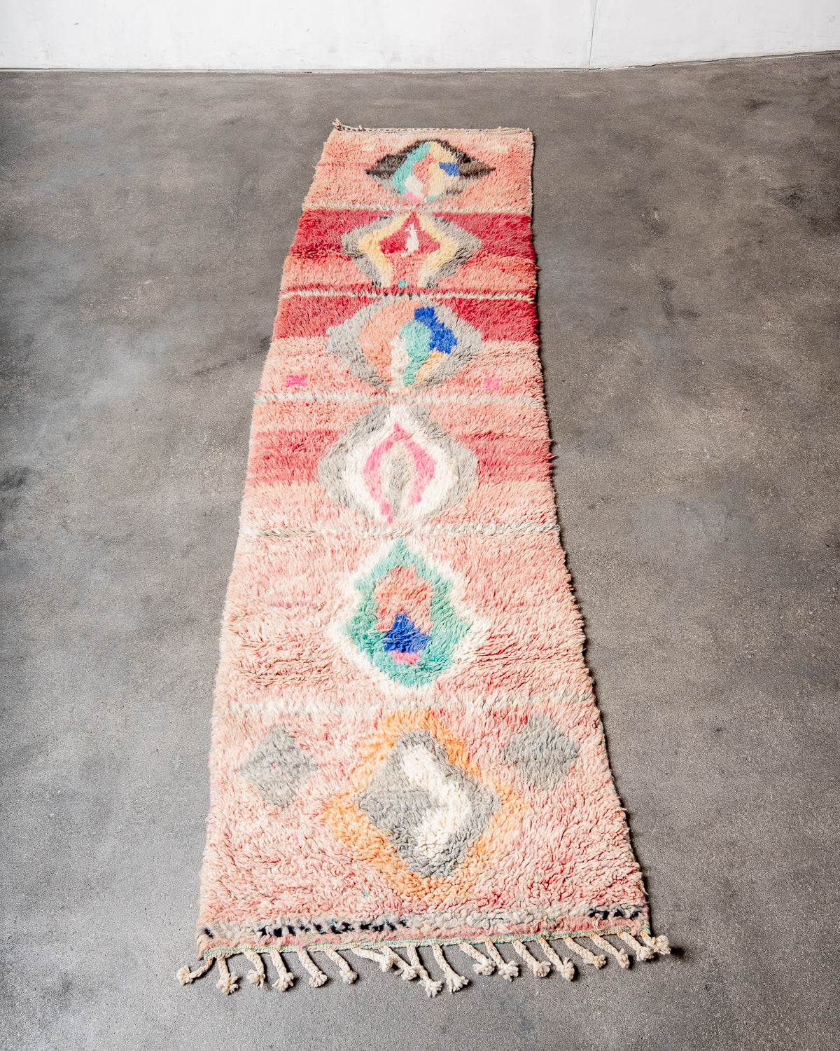 Modern, designer, handcrafted Berber runner rug from Morocco. Vintage carpet with beautiful colours and patterns and fluffy texture.